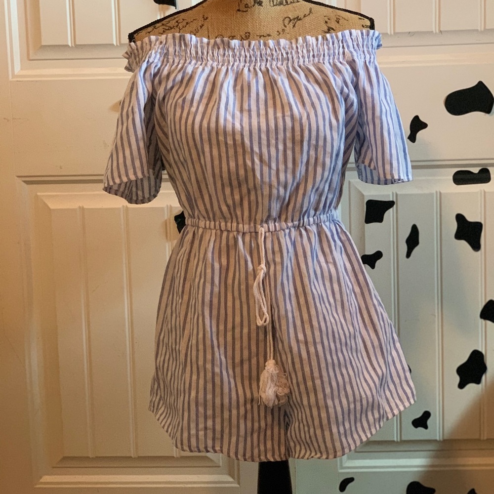 blue and white striped romper